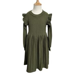 Danna Belle Girls Ribbed Knit Dress 6Y Olive Green Ruffle Shoulder Long Sleeve